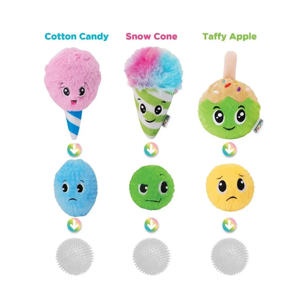 Colorful plush toys featuring cotton candy, snow cone, and taffy apple designs for playful fun.