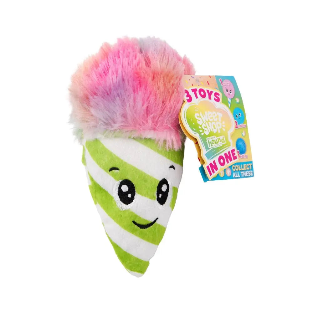 Colorful ice cream cone plush toy with a smiling face and fluffy top, perfect for kids' playtime.