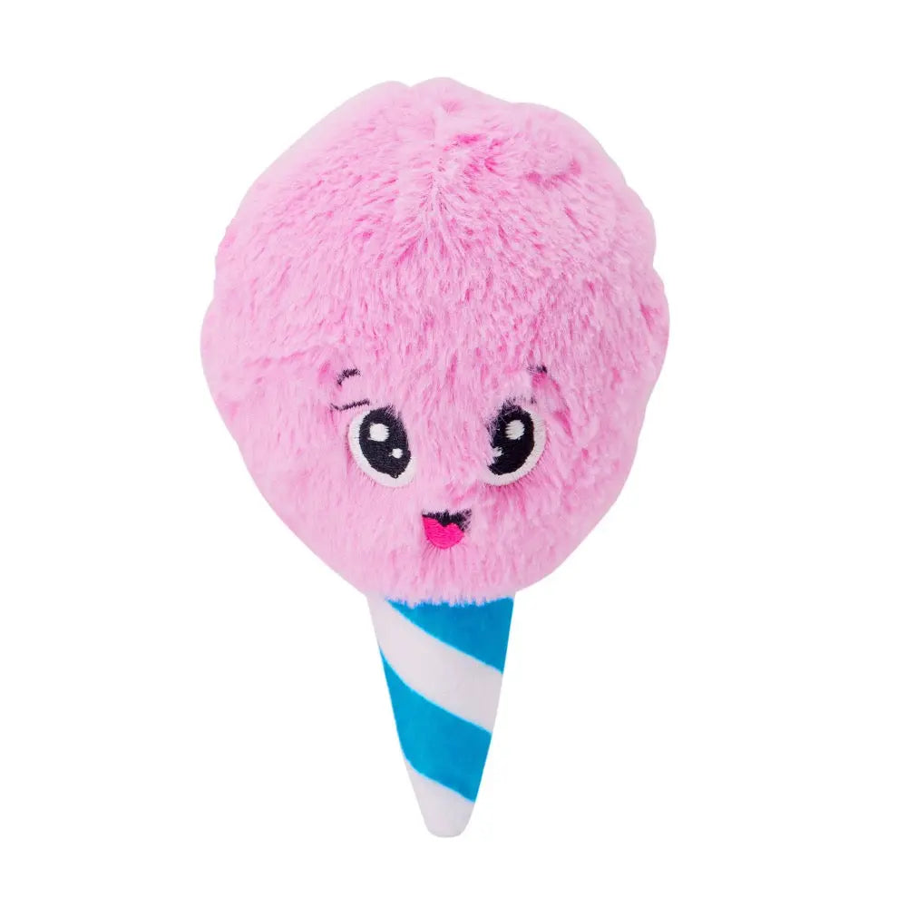 Cute pink cotton candy plush toy with a smiling face and blue-striped cone.