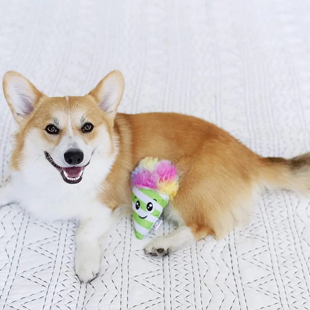 Corgi happily playing with a colorful ice cream toy on a cozy blanket.