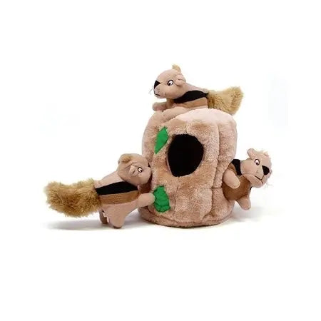 Plush squirrel hideout toy with three playful squirrels for interactive pet fun.