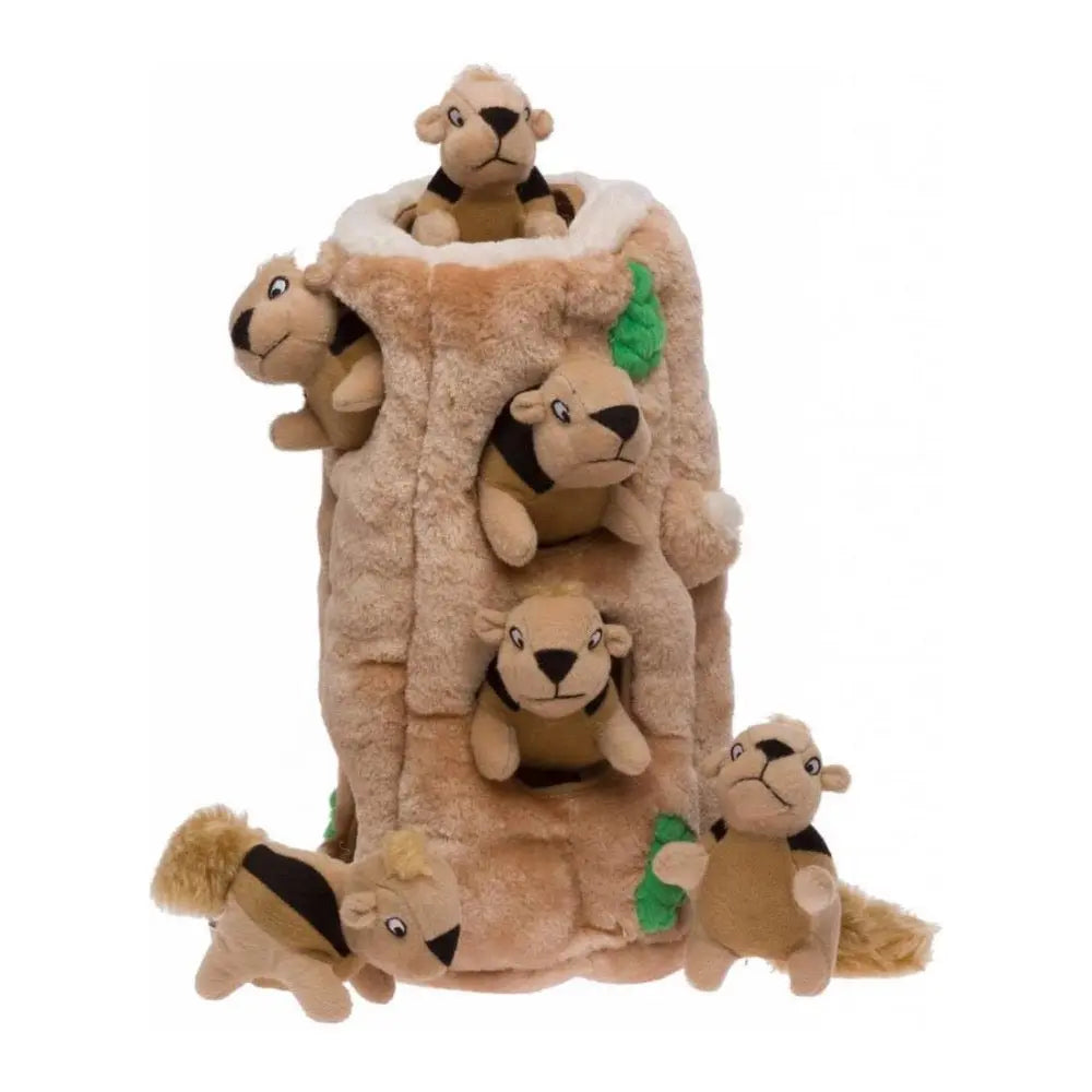 Plush tree stump toy with five hidden lion cubs for interactive play and fun.