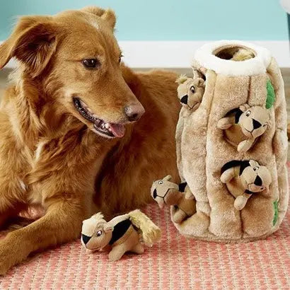 Dog playing with plush tree toy and small animal toys for interactive fun and mental stimulation.