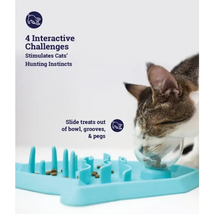 Interactive cat feeding puzzle stimulates hunting instincts with treat-dispensing challenges.