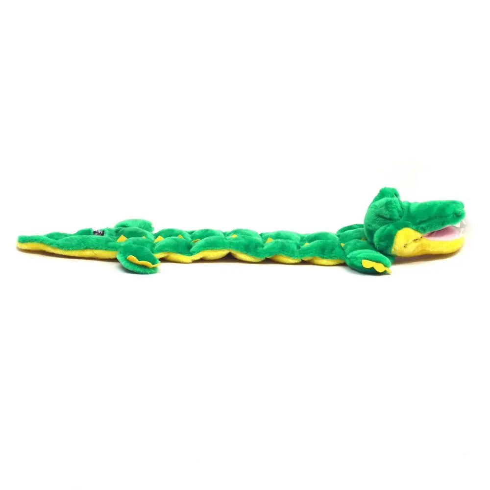 Plush green crocodile toy, perfect for dogs to chew and play with.