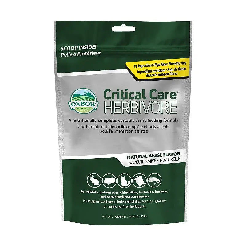 Oxbow Critical Care Herbivore food bag for small animals, featuring high fiber timothy hay and natural anise flavor.