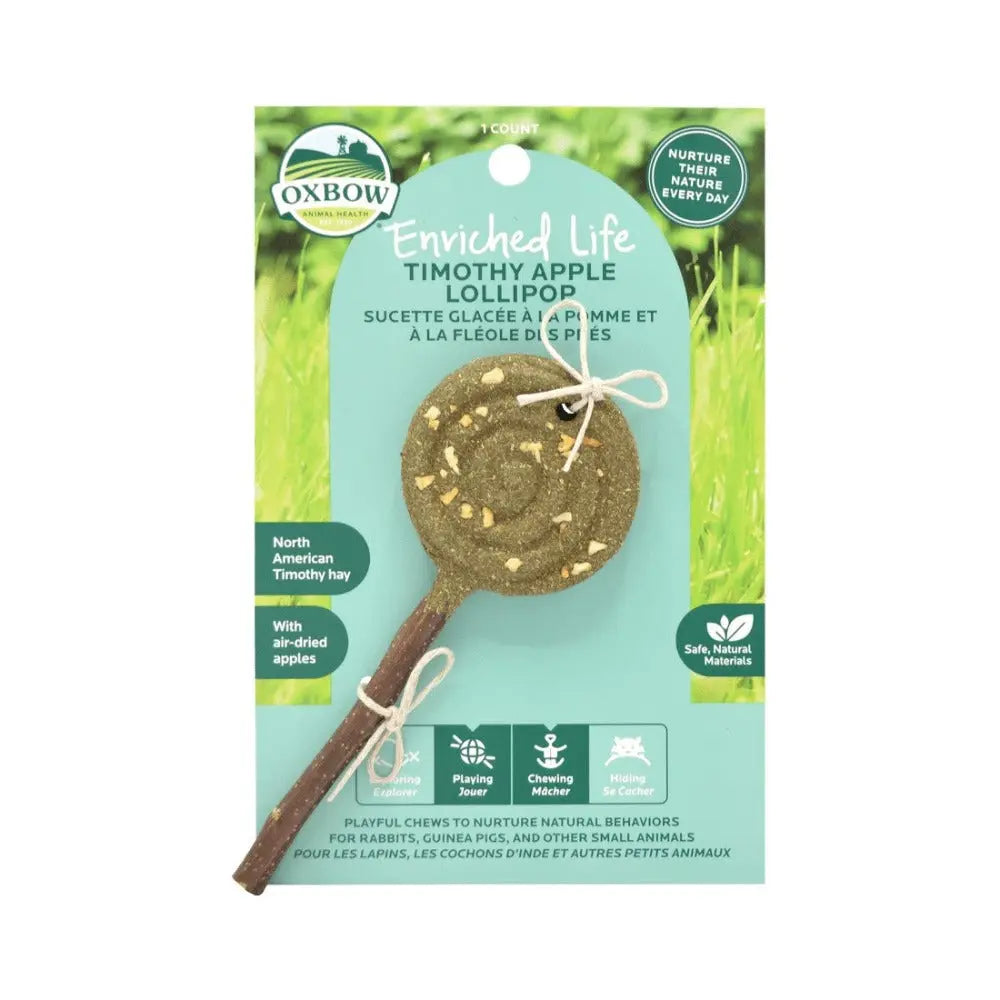 Oxbow Timothy Apple Lollipop for small pets, promoting playful chewing and natural enrichment.