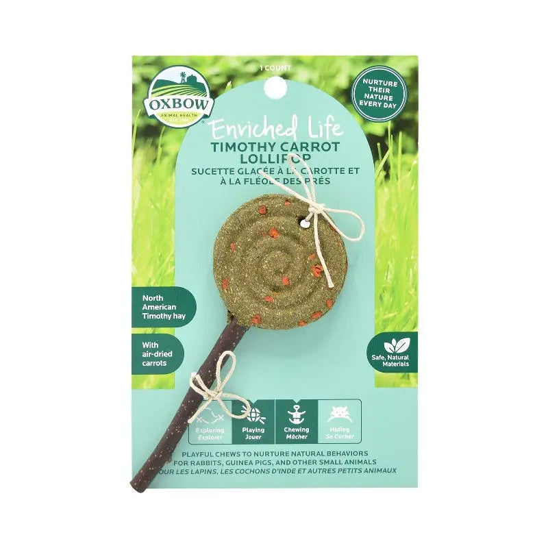 Oxbow Enriched Life Timothy Carrot Lollipop for small pets, featuring natural ingredients and a fun design.