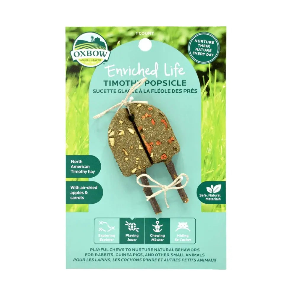 Oxbow Enriched Life Timothy Popsicle for small pets, featuring apple and carrot flavors for natural chewing fun.