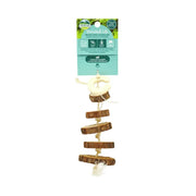 Wooden bird toy with natural materials for chewing and climbing, promoting healthy playtime for pets.
