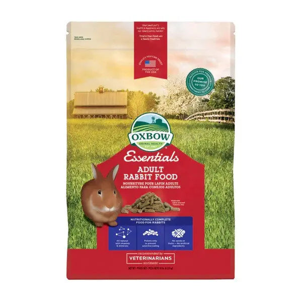 Oxbow Essentials Adult Rabbit Food bag, nutritionally complete for healthy adult rabbits.