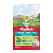 Oxbow Essentials Hamster & Gerbil Food bag with natural ingredients and feeding guide for small pets.