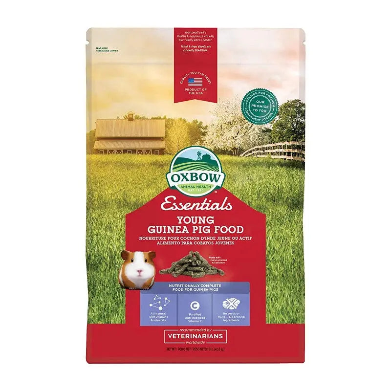 Oxbow Essentials Young Guinea Pig Food bag with nutritional information and farm background.