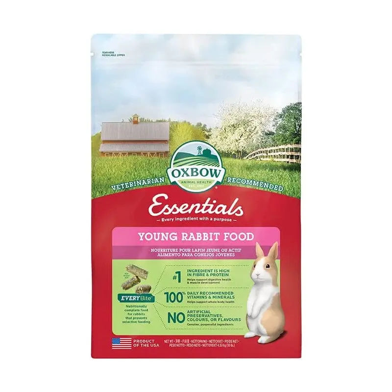 Oxbow Essentials Young Rabbit Food bag featuring natural ingredients and a vet-recommended formula.