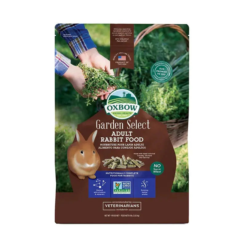 Oxbow Garden Select Adult Rabbit Food bag with nutritious ingredients for healthy rabbits.