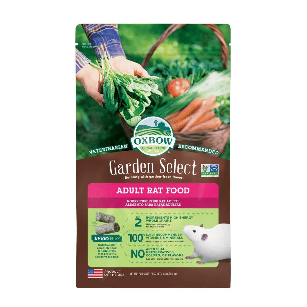Oxbow Garden Select adult rat food bag featuring fresh ingredients and a nutritious formula for healthy pets.