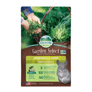 Oxbow Garden Select chinchilla food bag featuring fresh ingredients and a recommended feeding guide.