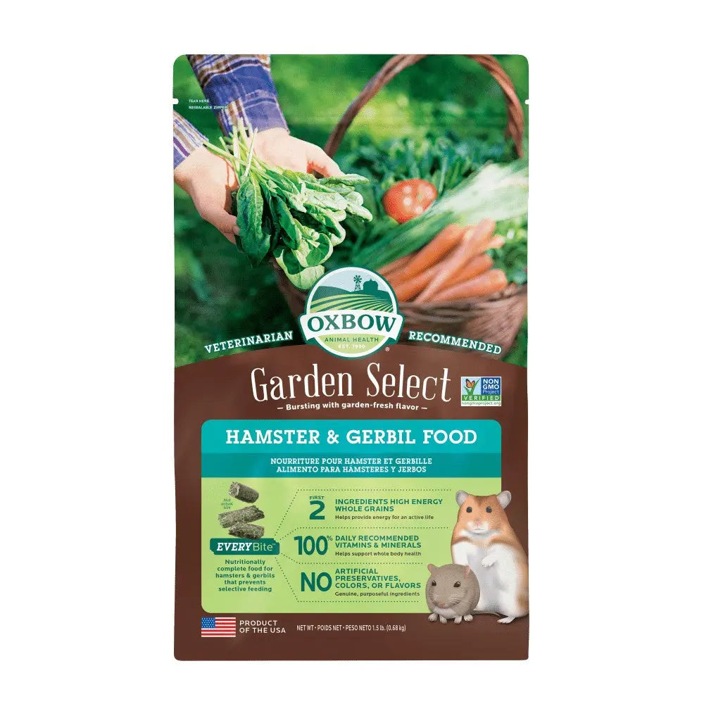 Oxbow Garden Select hamster and gerbil food bag featuring fresh ingredients and nutritional benefits.