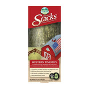 Oxbow Harvest Stacks Western Timothy hay packaging for small animals, featuring a barn design and natural ingredients.