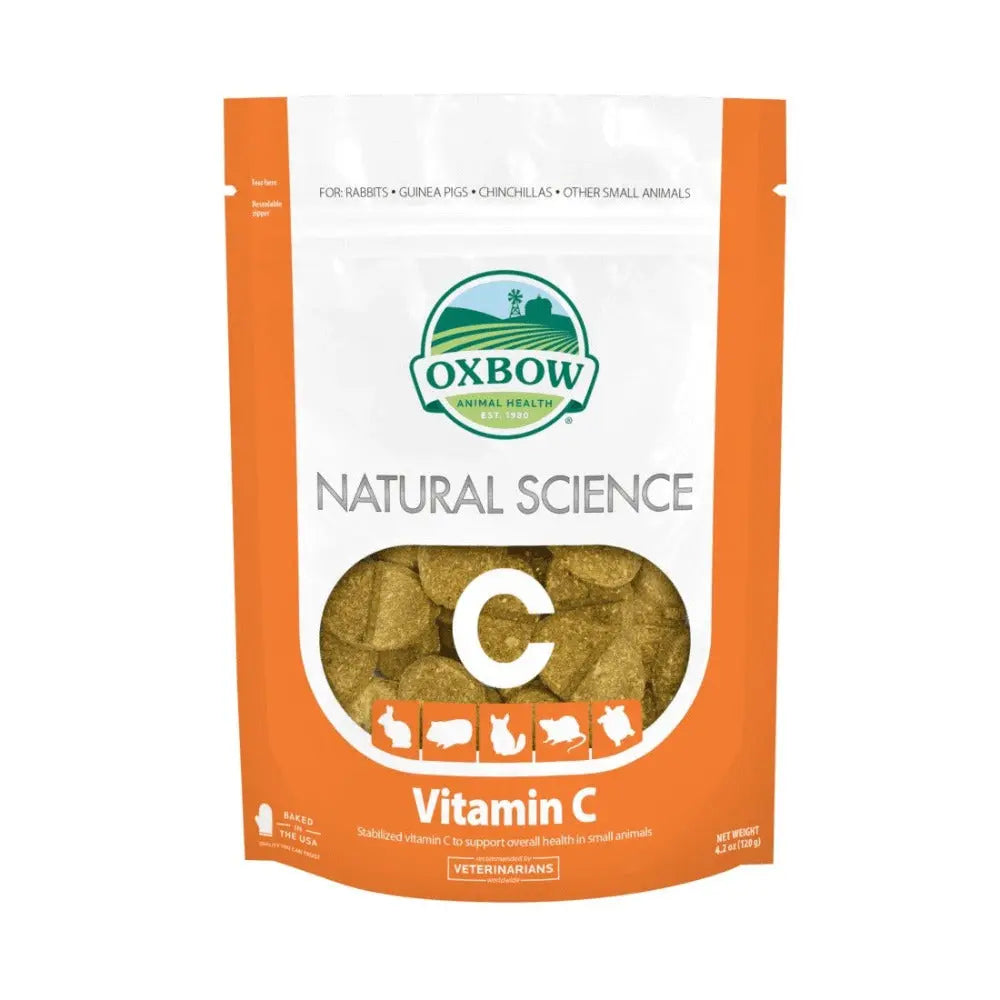 Oxbow Natural Science Vitamin C supplement for small animals, promoting health for rabbits and guinea pigs.