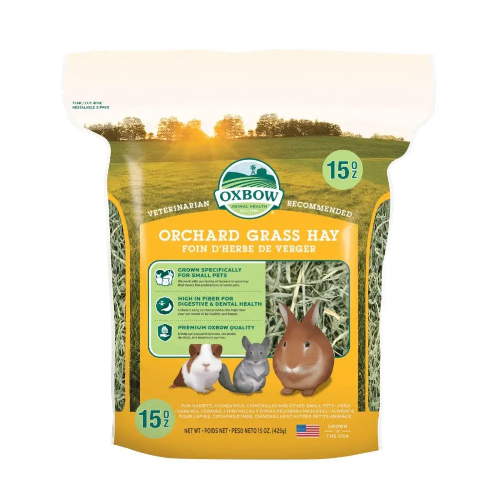 Oxbow Orchard Grass Hay for small pets, promoting digestive health and dental care in a 15 oz bag.