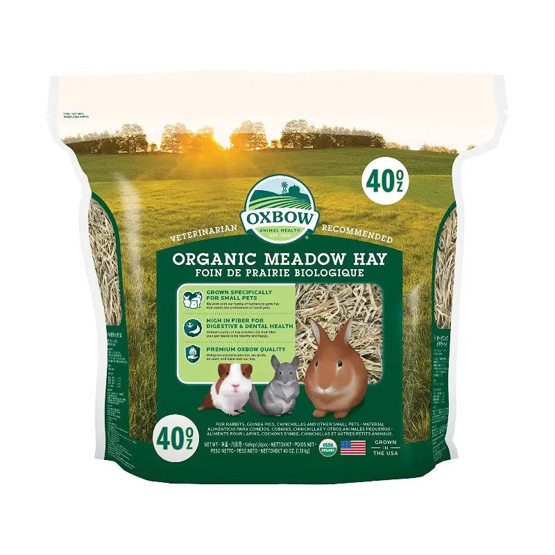 Oxbow Organic Meadow Hay for small animals, promoting health with high fiber and premium quality.