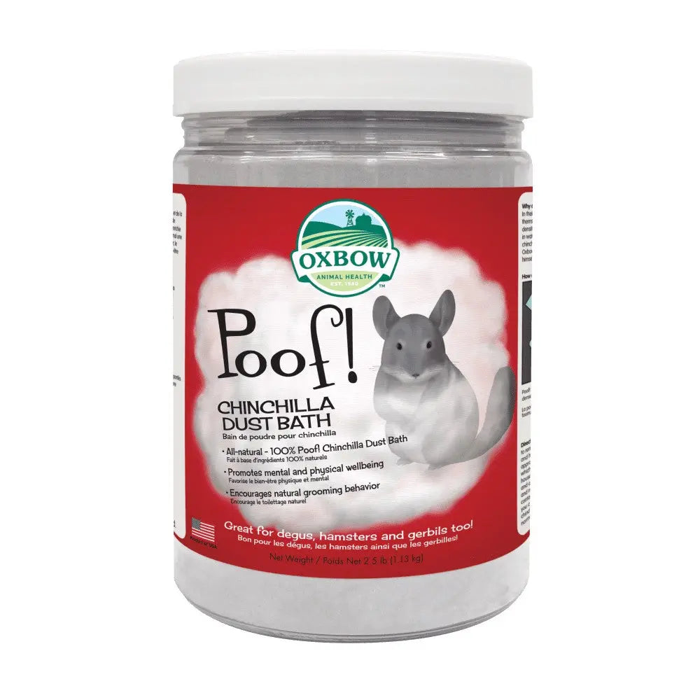 Oxbow Poof! chinchilla dust bath for natural grooming and pet health, suitable for small animals.