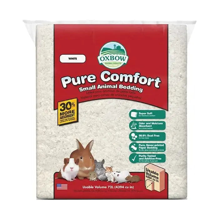 Oxbow Pure Comfort small animal bedding, super soft, highly absorbent, ideal for pets like rabbits and guinea pigs.