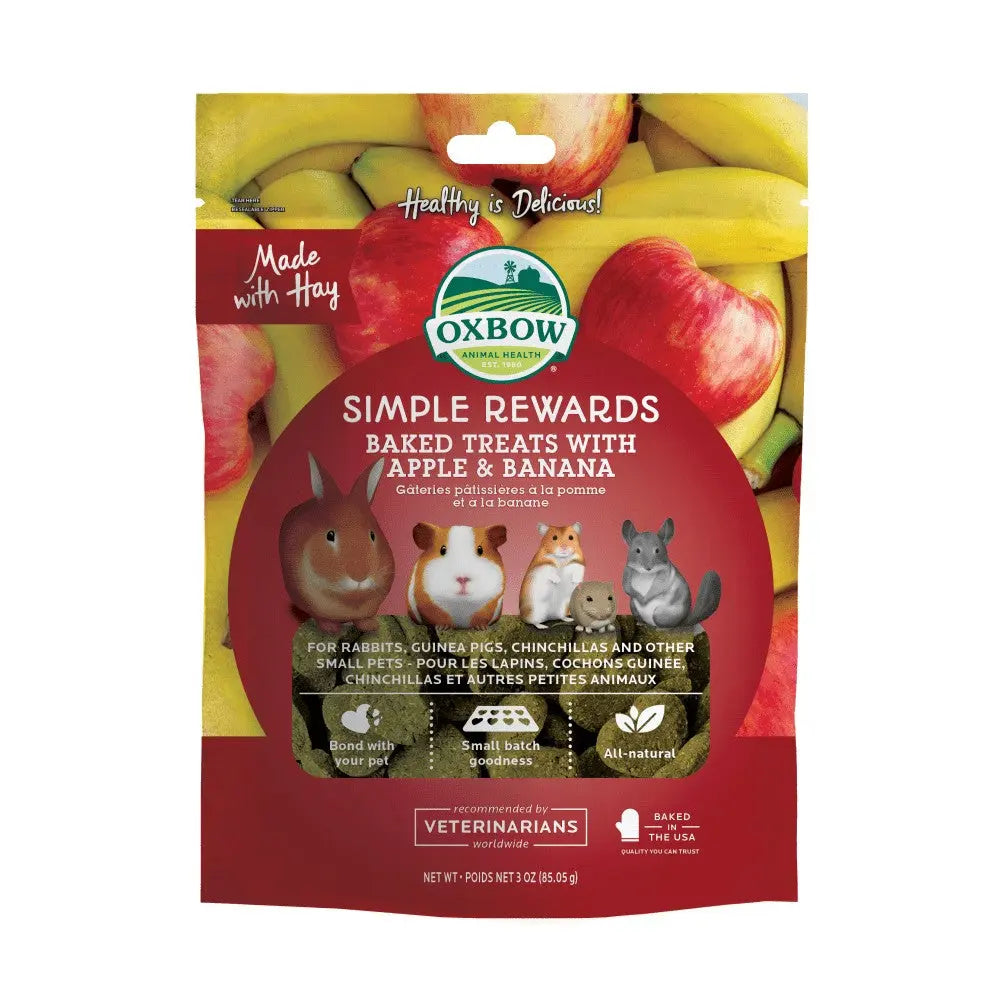Oxbow Simple Rewards baked treats with apple and banana for small pets, featuring a colorful packaging design.