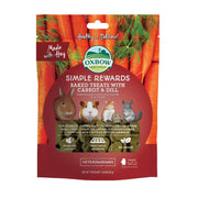 Oxbow Simple Rewards baked treats with carrot and dill for small pets, featuring a vibrant carrot background.
