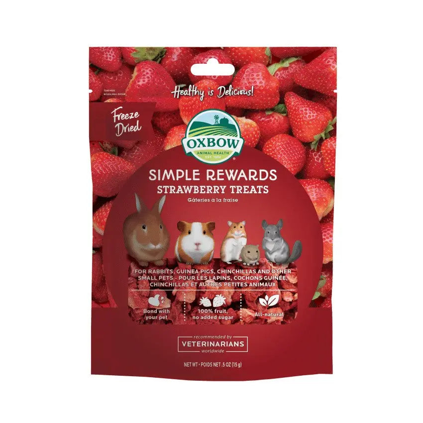 Oxbow Simple Rewards freeze-dried strawberry treats for small pets, featuring healthy ingredients and a vibrant design.