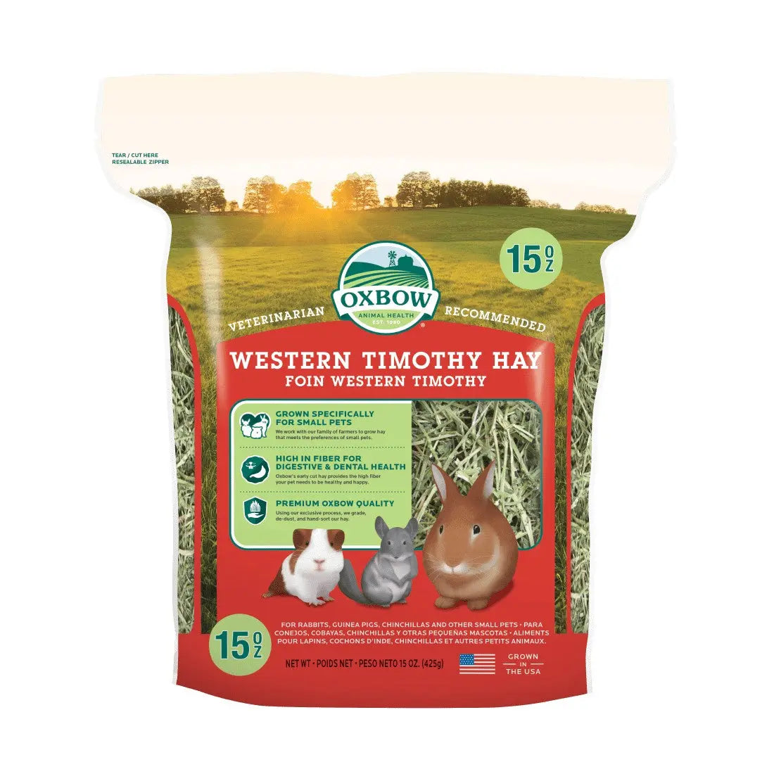 Oxbow Western Timothy Hay for small pets, promoting digestive health and dental care.