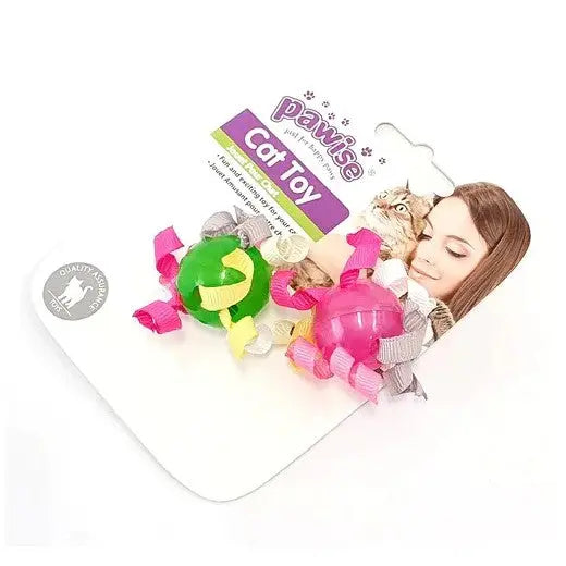 Colorful cat toy balls with ribbons, perfect for engaging playtime and stimulating your feline friend.