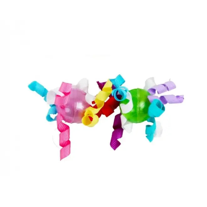 Colorful cat toys with ribbons and balls for playful feline fun and engagement.