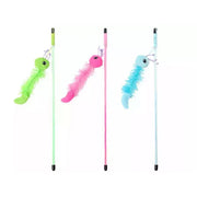 Colorful cat toy wands with fluffy, vibrant caterpillar attachments for interactive play.