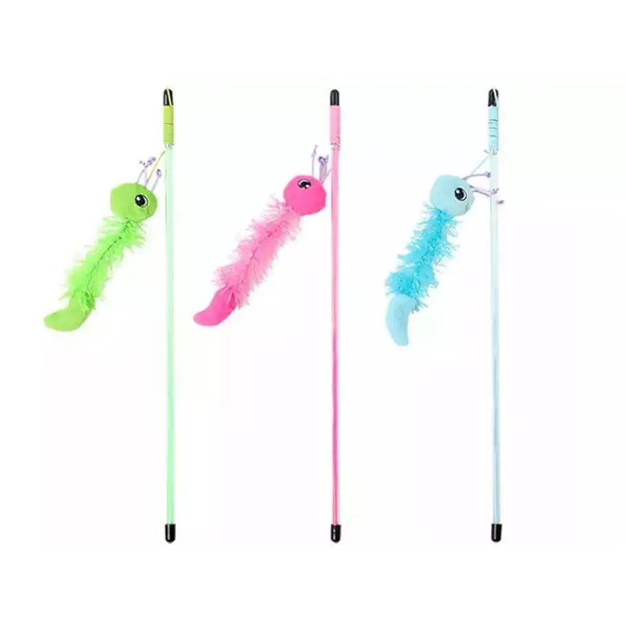 Colorful cat toy wands with fluffy, vibrant caterpillar attachments for interactive play.