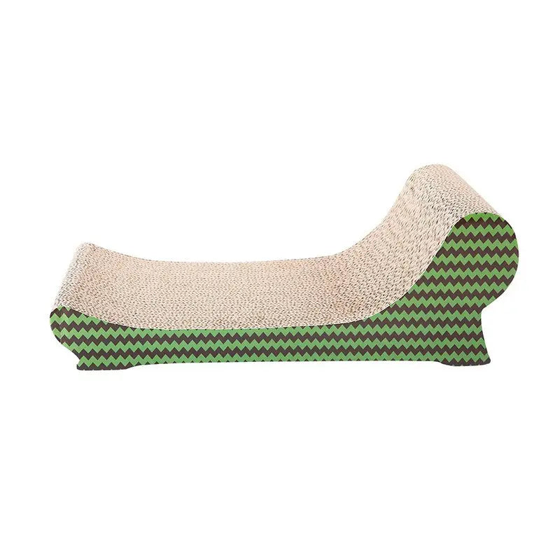 Stylish cat scratcher lounge with a green zigzag design for playful scratching and relaxation.