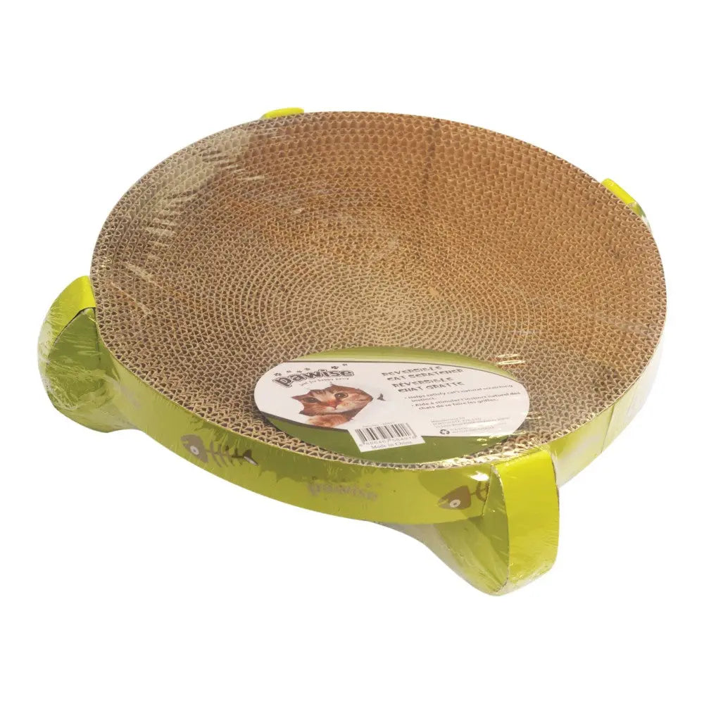 Cat scratcher bowl made of durable cardboard with a vibrant green design for playful scratching.