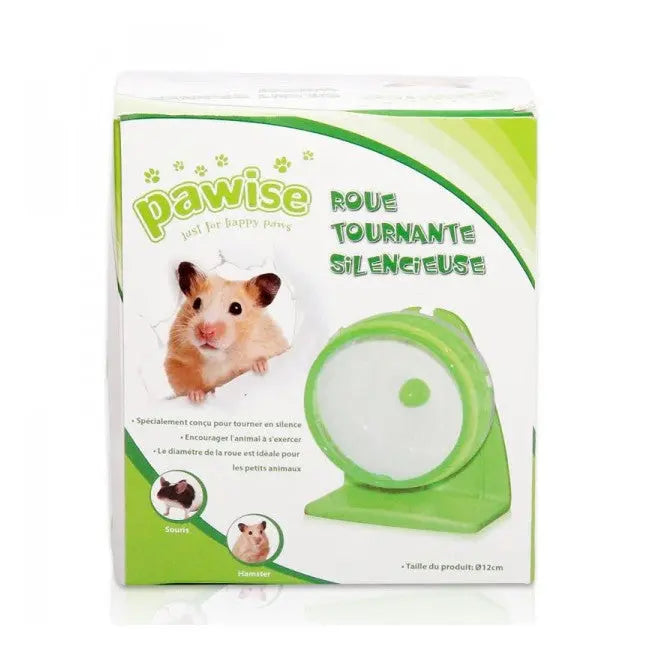 Hamster exercise wheel in packaging, designed for quiet and safe play for small pets.