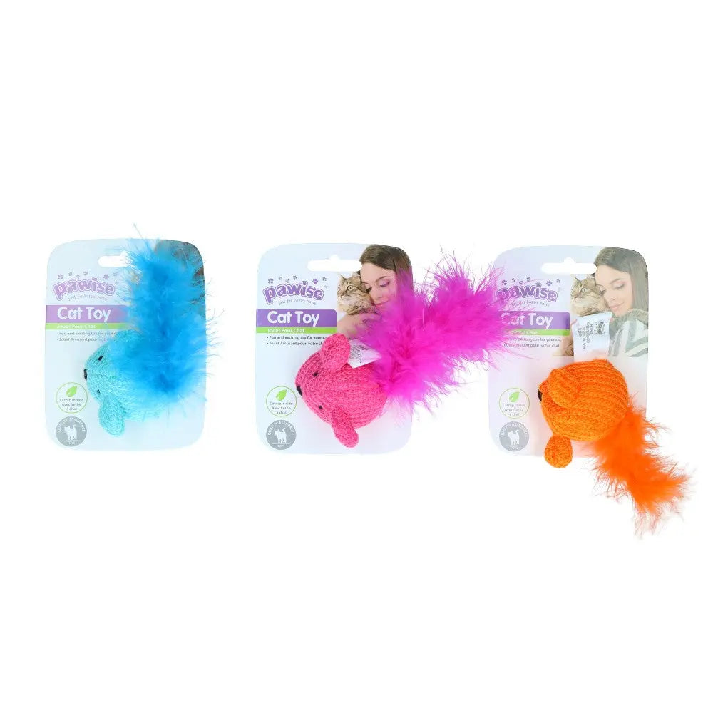 Colorful plush cat toys with feathers for playful feline fun and engagement.