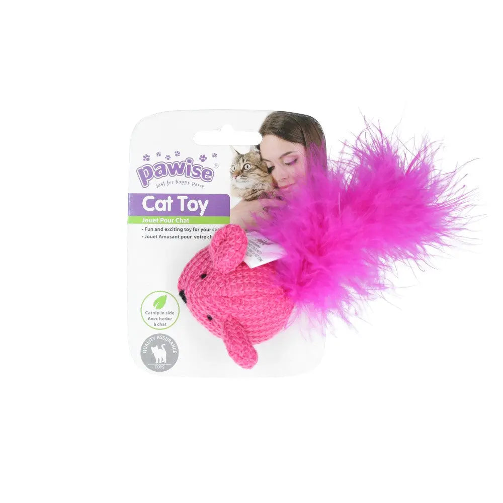 Pink cat toy with feather tail, perfect for playful feline fun and engagement.