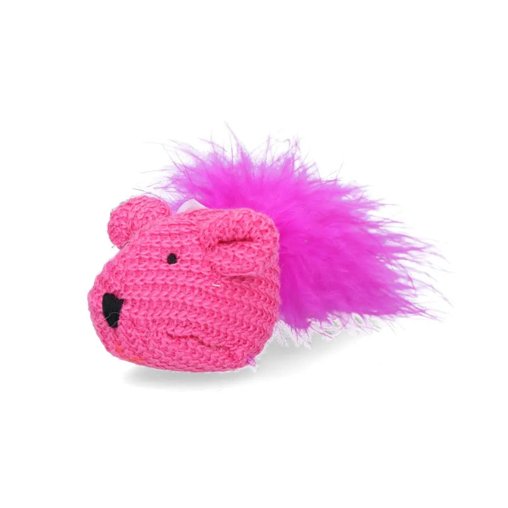 Pink knitted squirrel toy with a fluffy purple tail, perfect for playful pets.
