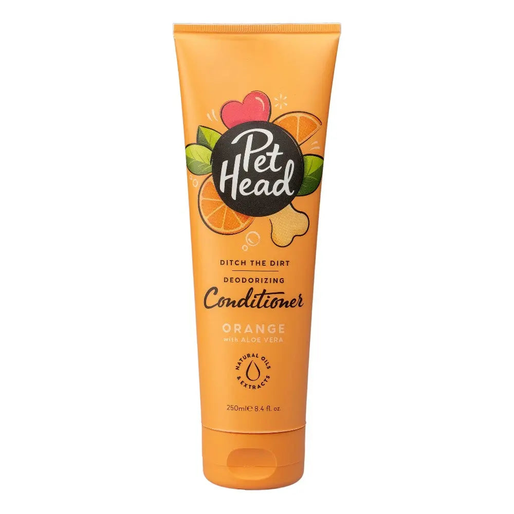 Pet Head orange deodorizing conditioner for pets, featuring aloe vera in a vibrant tube.