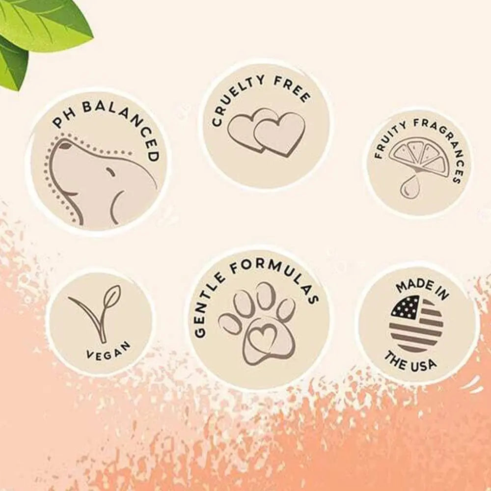 Icons showcasing pH balanced, cruelty-free, vegan, and gentle formulas made in the USA with fruity fragrances.