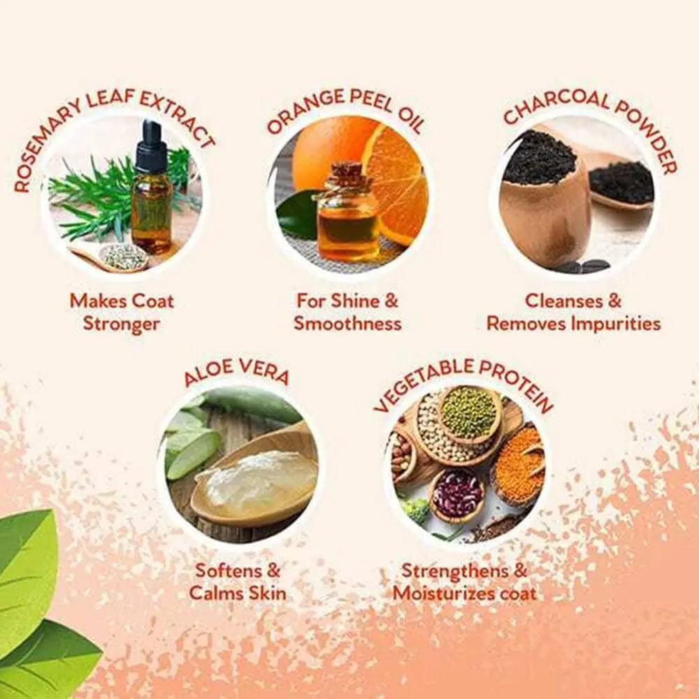 Natural pet care ingredients: rosemary, orange oil, charcoal, aloe vera, and vegetable protein for healthy coats.