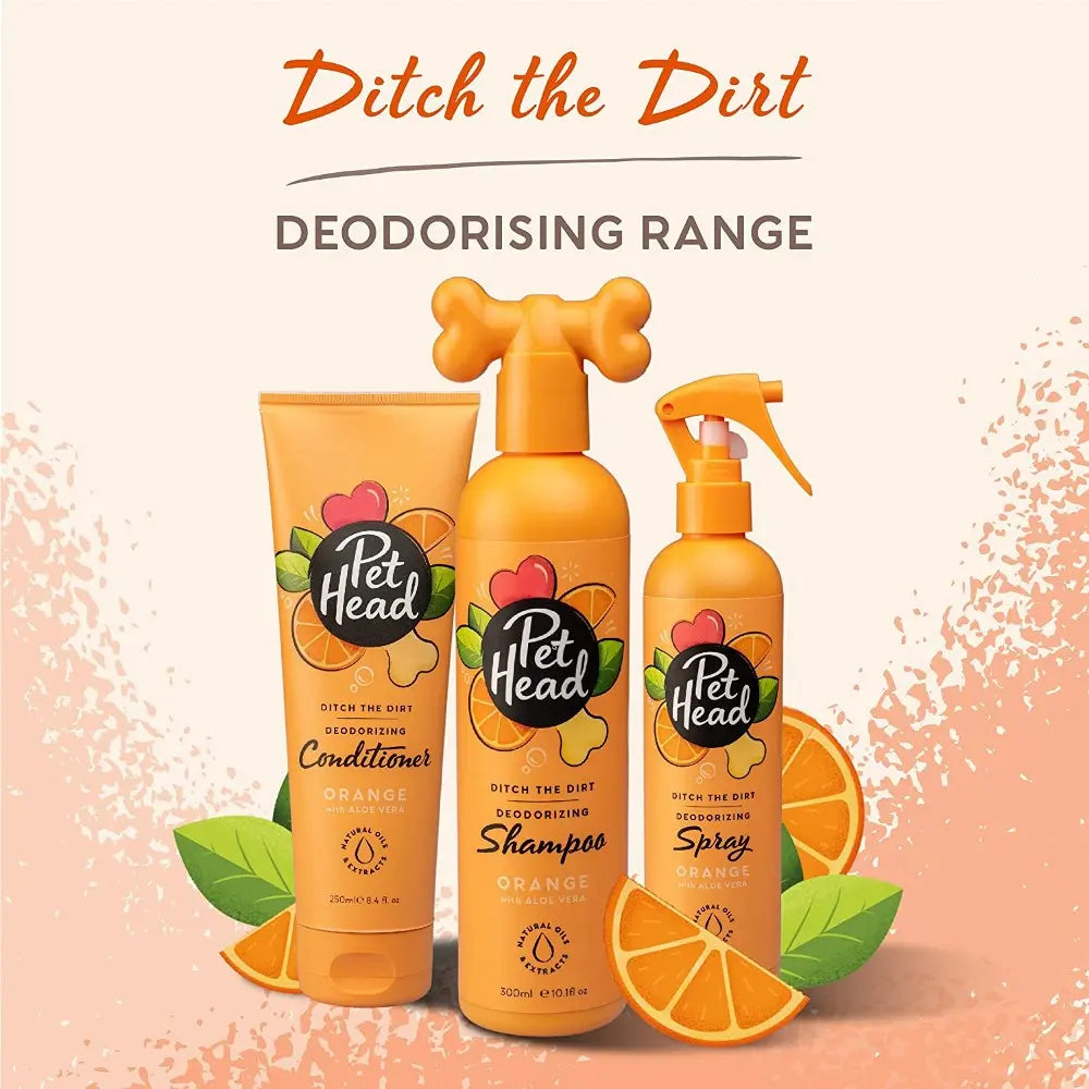 Pet Head's Ditch the Dirt deodorizing range features orange-scented shampoo, conditioner, and spray for pets.