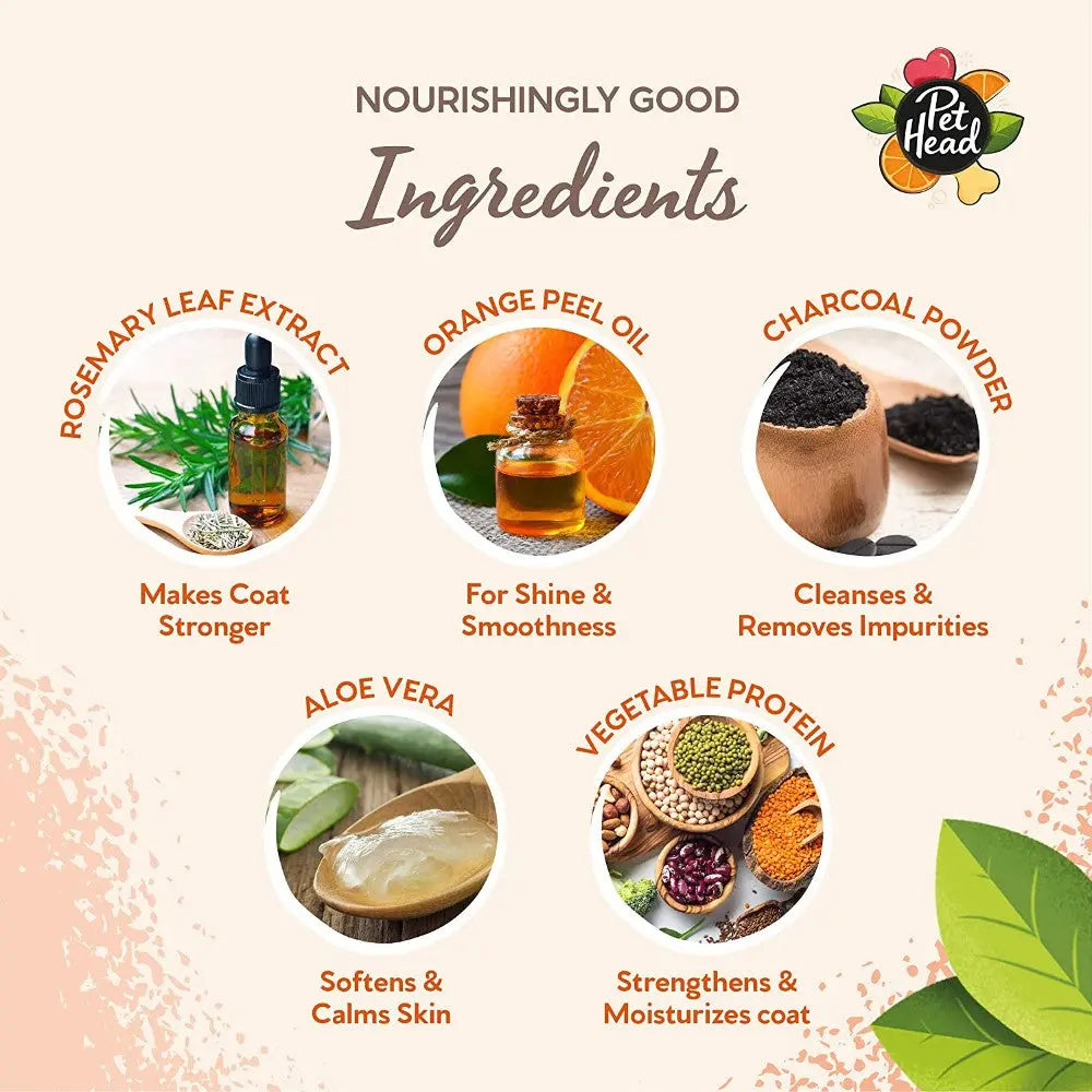 Nourishing ingredients for pets: rosemary, orange peel oil, charcoal, aloe vera, and vegetable protein.