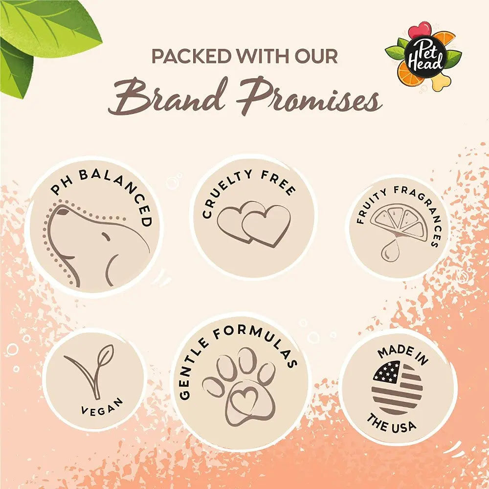 Infographic showcasing Pet Head's brand promises: pH balanced, cruelty-free, vegan, gentle formulas, fruity fragrances, and USA made.