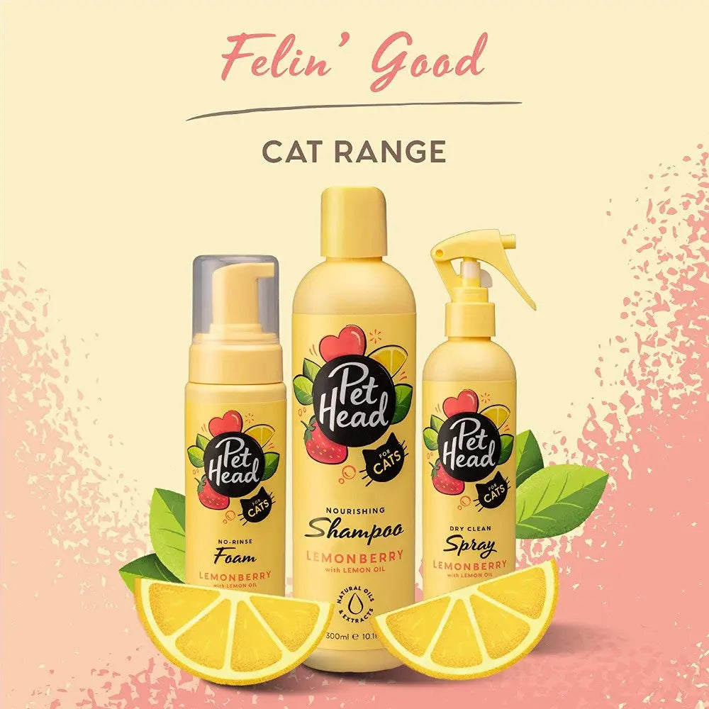 Pet Head cat care products featuring lemonberry shampoo, foam, and spray for a fresh feline experience.
