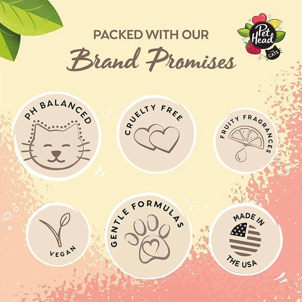 Brand promises infographic featuring cruelty-free, vegan, and PH balanced formulas for Pet Head cats.